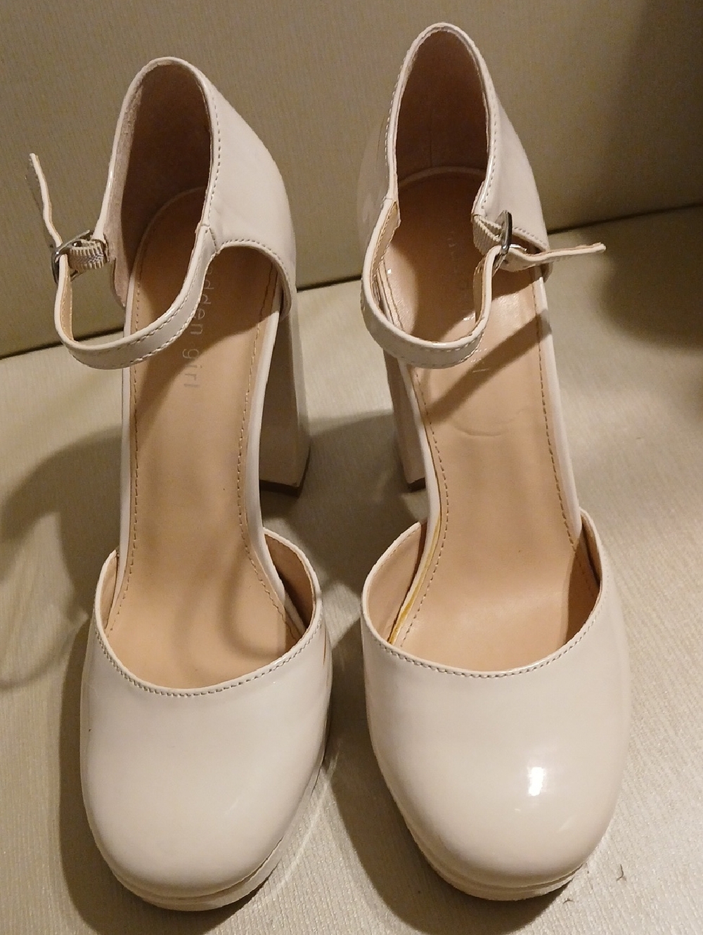 Steve Madden Cream Patent Ankle-Strap Block Heels